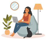 Young woman relaxing on a beanbag using laptop. Cat sitting lamp and plant