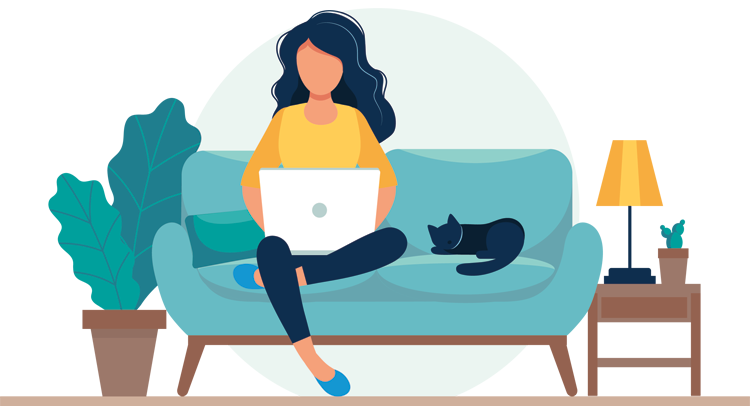 Lady on blue sofa with a black cat using a laptop