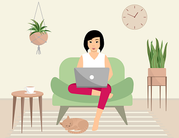 Happy woman is sitting chair home interior with laptop cat flat vector illustration