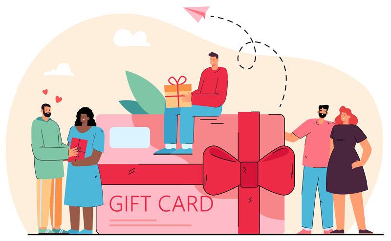 Giant gift card with people around it with gifts