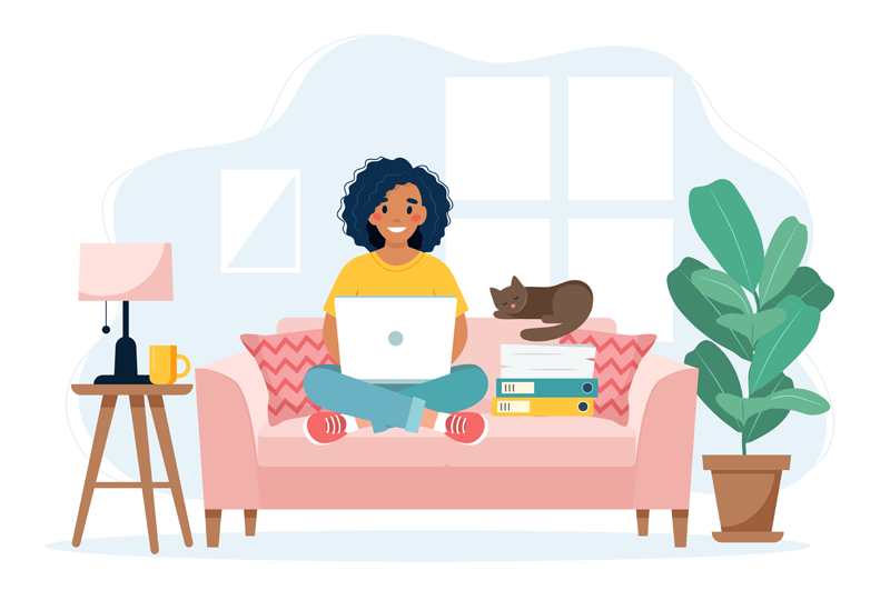 Woman with laptop on pink sofa with plant and lamp